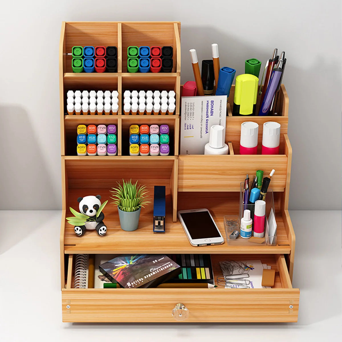 Wooden Desktop Organizer for Pens and Office Supplies