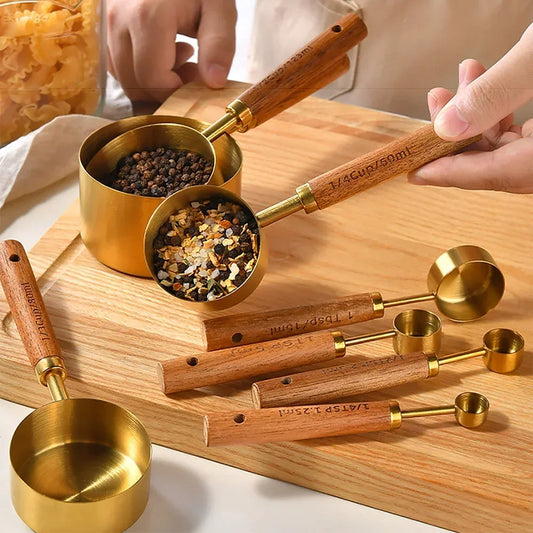 8Pcs Baking Measuring Tool Set – Gold Finish Stainless Steel Cups & Spoons with Wood Handles