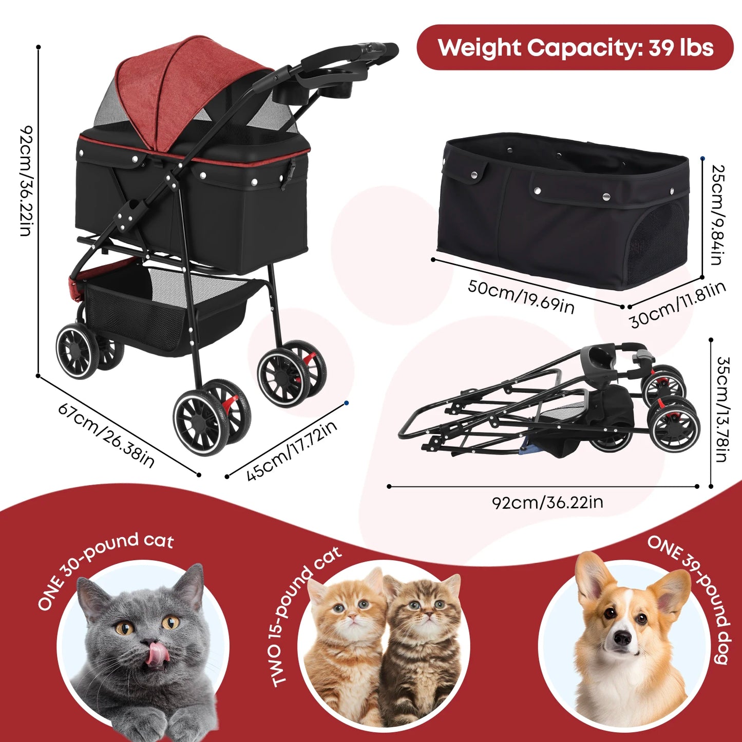 Portable Foldable Pet Stroller for Small Dogs and Cats; with Canopy and Storage Basket in Multiple Colors.