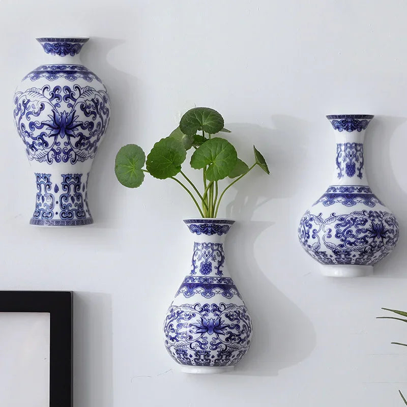 Modern Take on Antique Blue and White Ceramic Wall Vase.