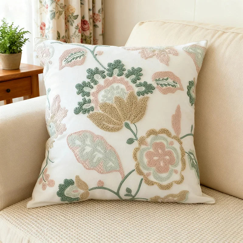 Pure Cotton Flower Towel Embroidered Cushion Cover – Modern Nordic Sofa Pillowcase