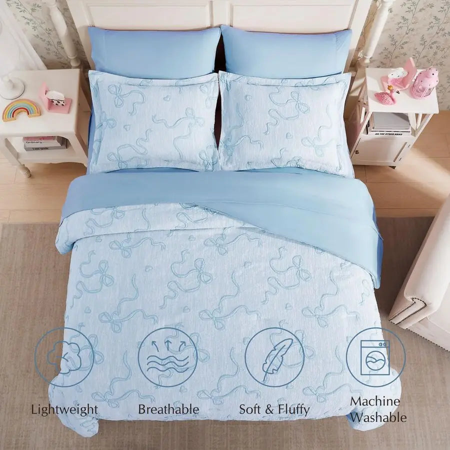 Light Blue Twin Comforter Set for Girls – 5 Piece Bowknot Jacquard Bed in a Bag Bedding Set