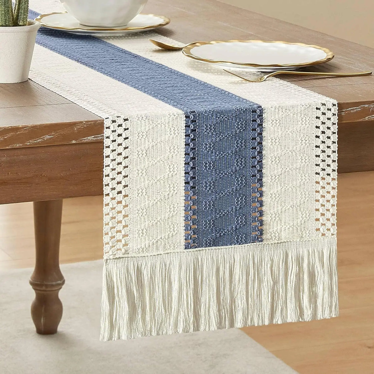 Cream & Brown Boho Table Runner with Tassels – Farmhouse Table Decor Accent