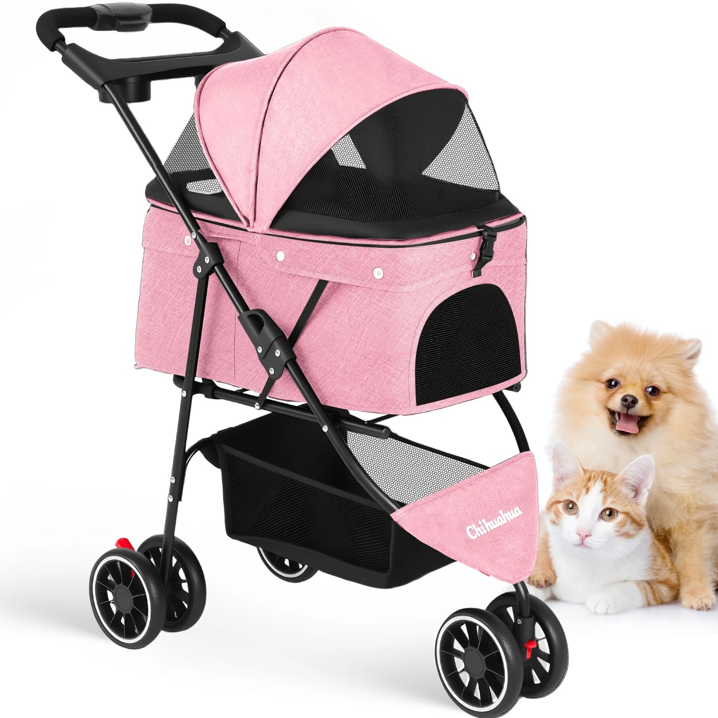 Portable Foldable Pet Stroller for Small Dogs and Cats; with Canopy and Storage Basket in Multiple Colors.