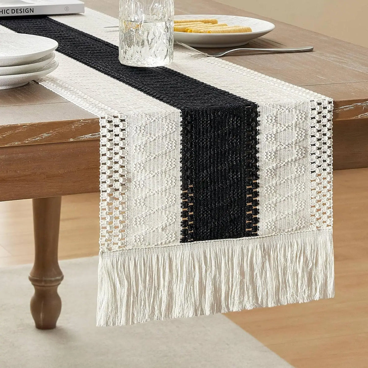 Cream & Brown Boho Table Runner with Tassels – Farmhouse Table Decor Accent