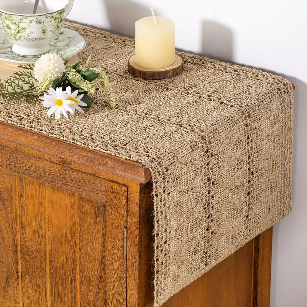 Cream & Brown Boho Table Runner with Tassels – Farmhouse Table Decor Accent