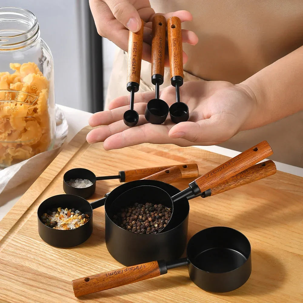 8Pcs Baking Measuring Tool Set – Gold Finish Stainless Steel Cups & Spoons with Wood Handles