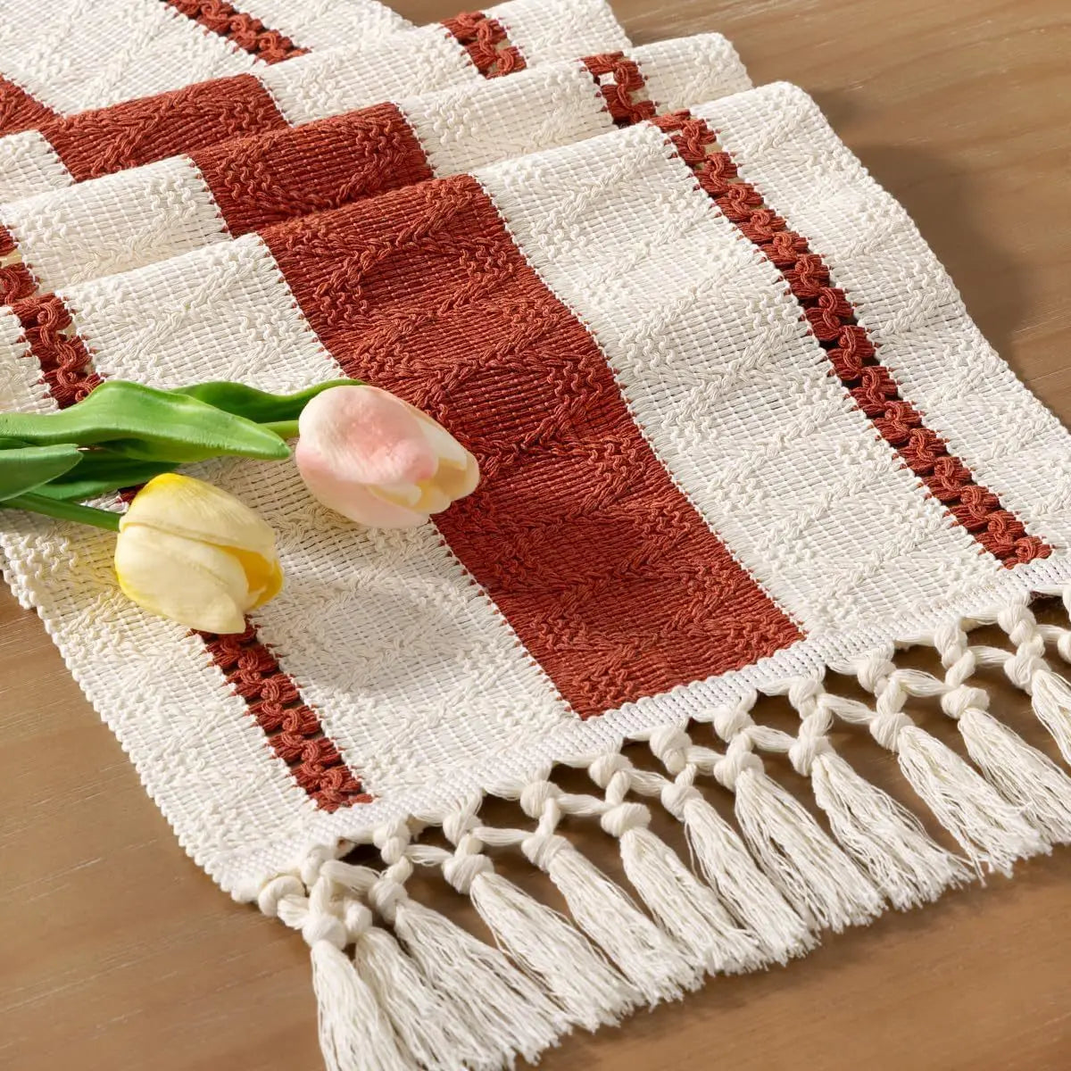 Cream & Brown Boho Table Runner with Tassels – Farmhouse Table Decor Accent
