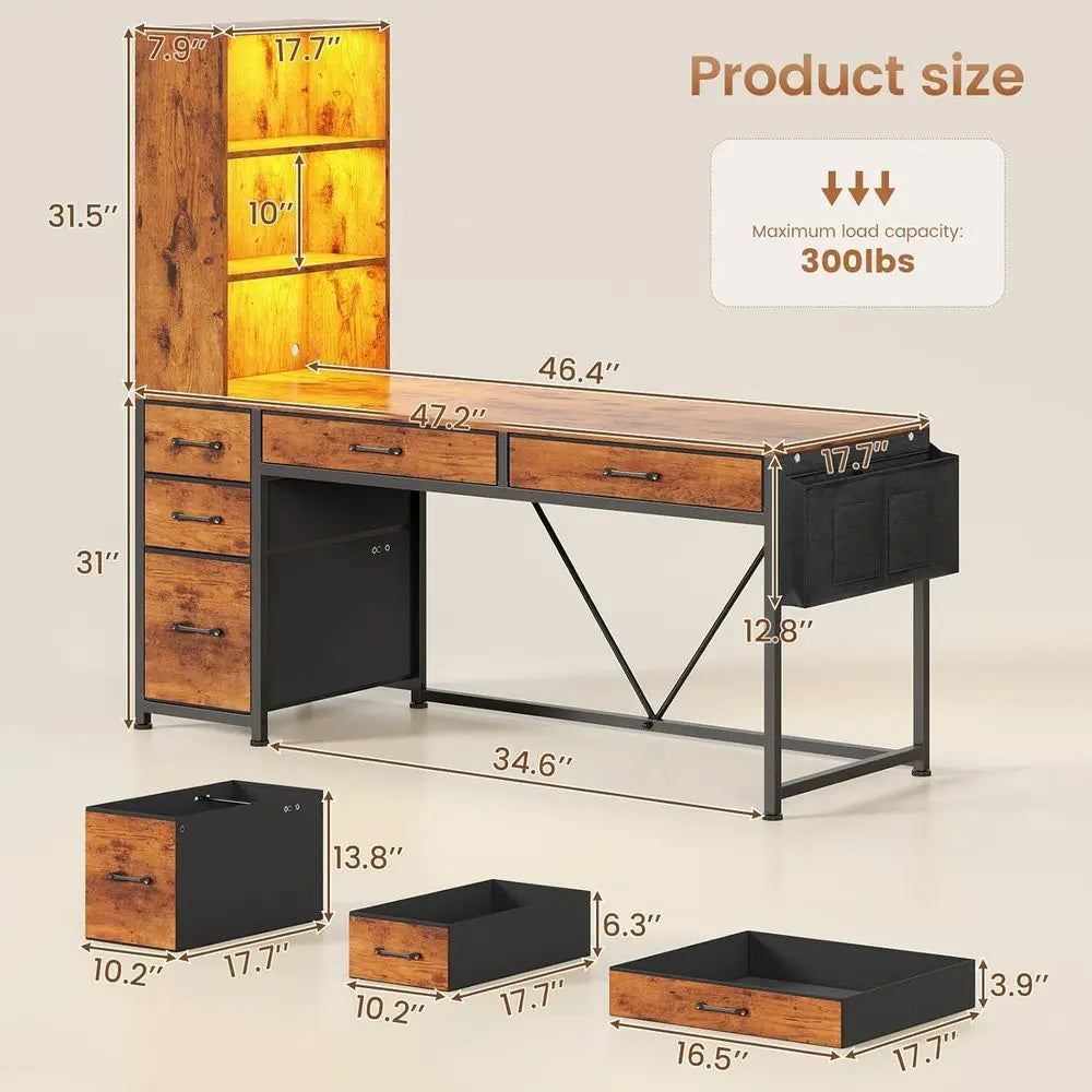 5-Drawer Rustic Brown Computer Desk with Integrated Bookshelf and LED Lights.