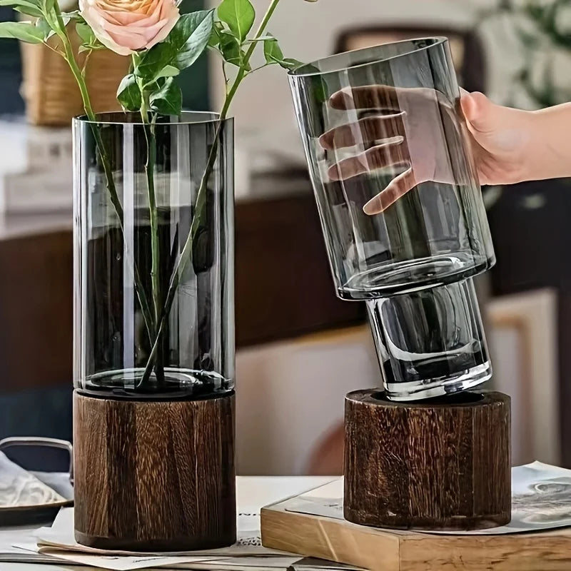 Contemporary Glass Vase with Minimalist Wooden Stand.