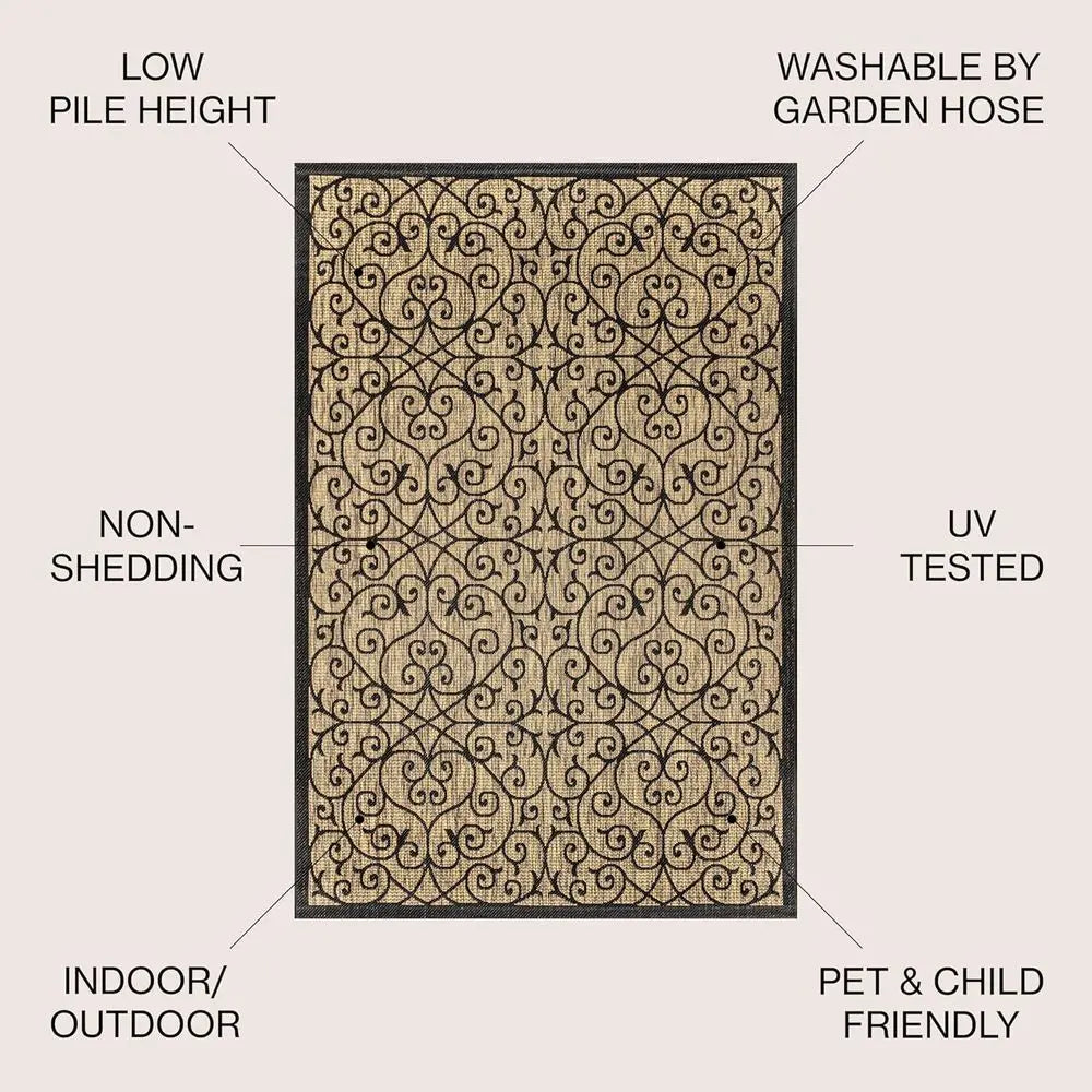 8 X 10 Contemporary Outdoor Rug for Backyard and Living Spaces. Filigree Black and Khaki.
