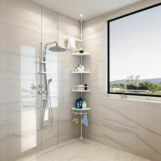4-Layer Tension Pole Bathroom Shelf – Rust-Resistant Shower Organizer