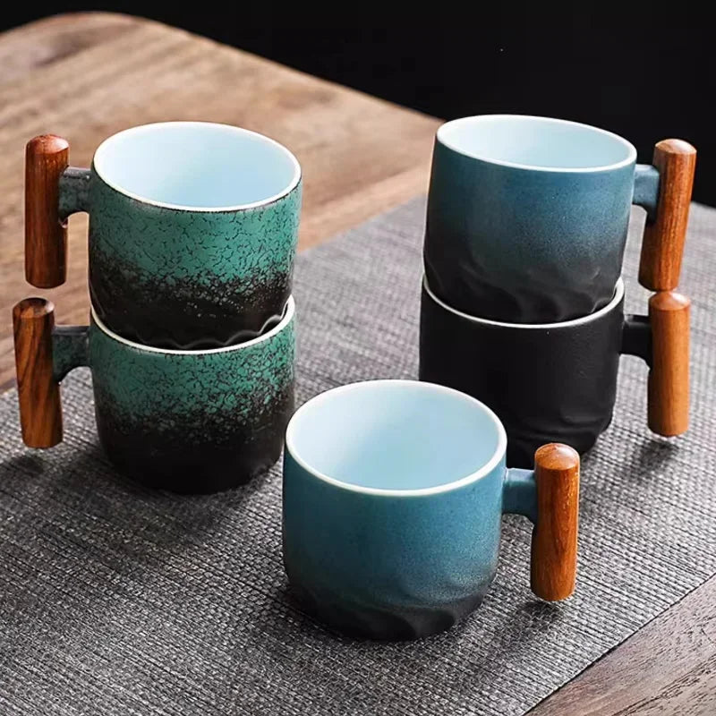 Handmade Ceramic Coffee Mug with Wooden Handle – Retro Tea & Coffee Cup with Filter Design