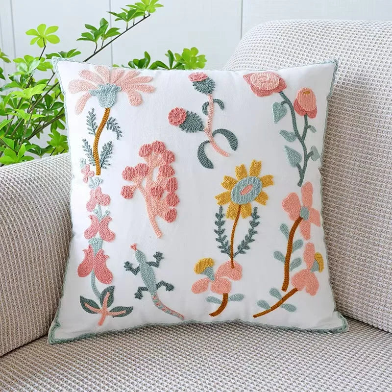 Pure Cotton Flower Towel Embroidered Cushion Cover – Modern Nordic Sofa Pillowcase
