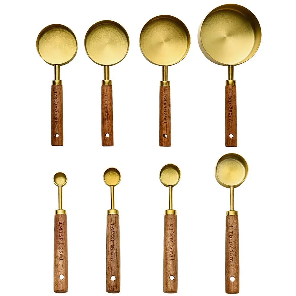 8Pcs Baking Measuring Tool Set – Gold Finish Stainless Steel Cups & Spoons with Wood Handles
