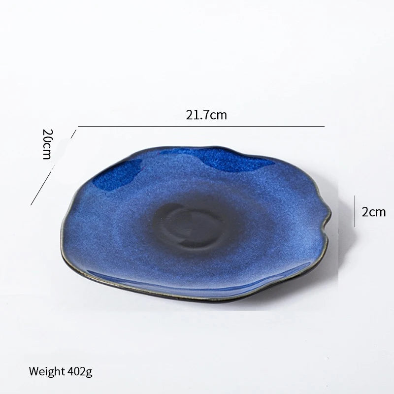 Artistic Japanese Ceramic Flat Plate – Cat Eye Blue Irregular Food & Steak Dish 1pc