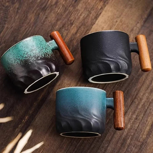 Handmade Ceramic Coffee Mug with Wooden Handle – Retro Tea & Coffee Cup with Filter Design