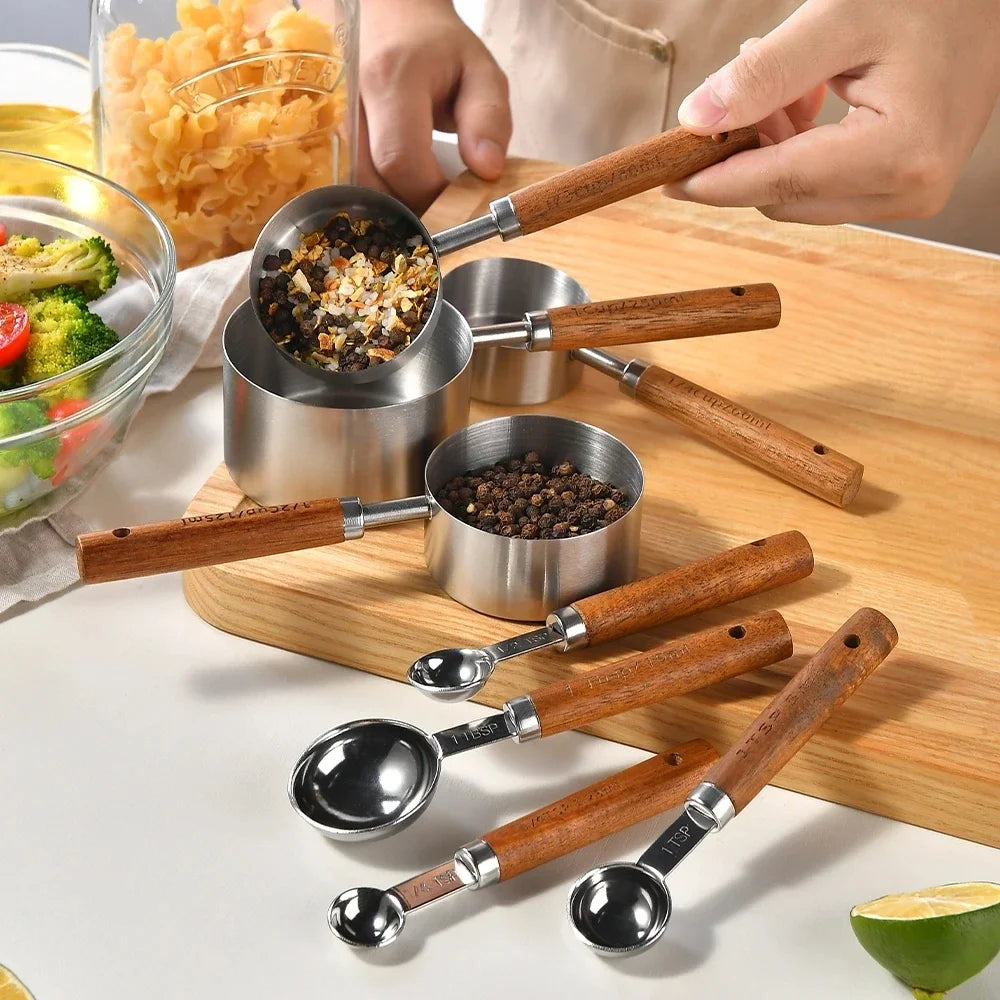 8Pcs Baking Measuring Tool Set – Gold Finish Stainless Steel Cups & Spoons with Wood Handles