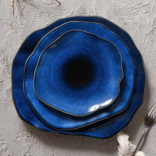 Artistic Japanese Ceramic Flat Plate – Cat Eye Blue Irregular Food & Steak Dish 1pc