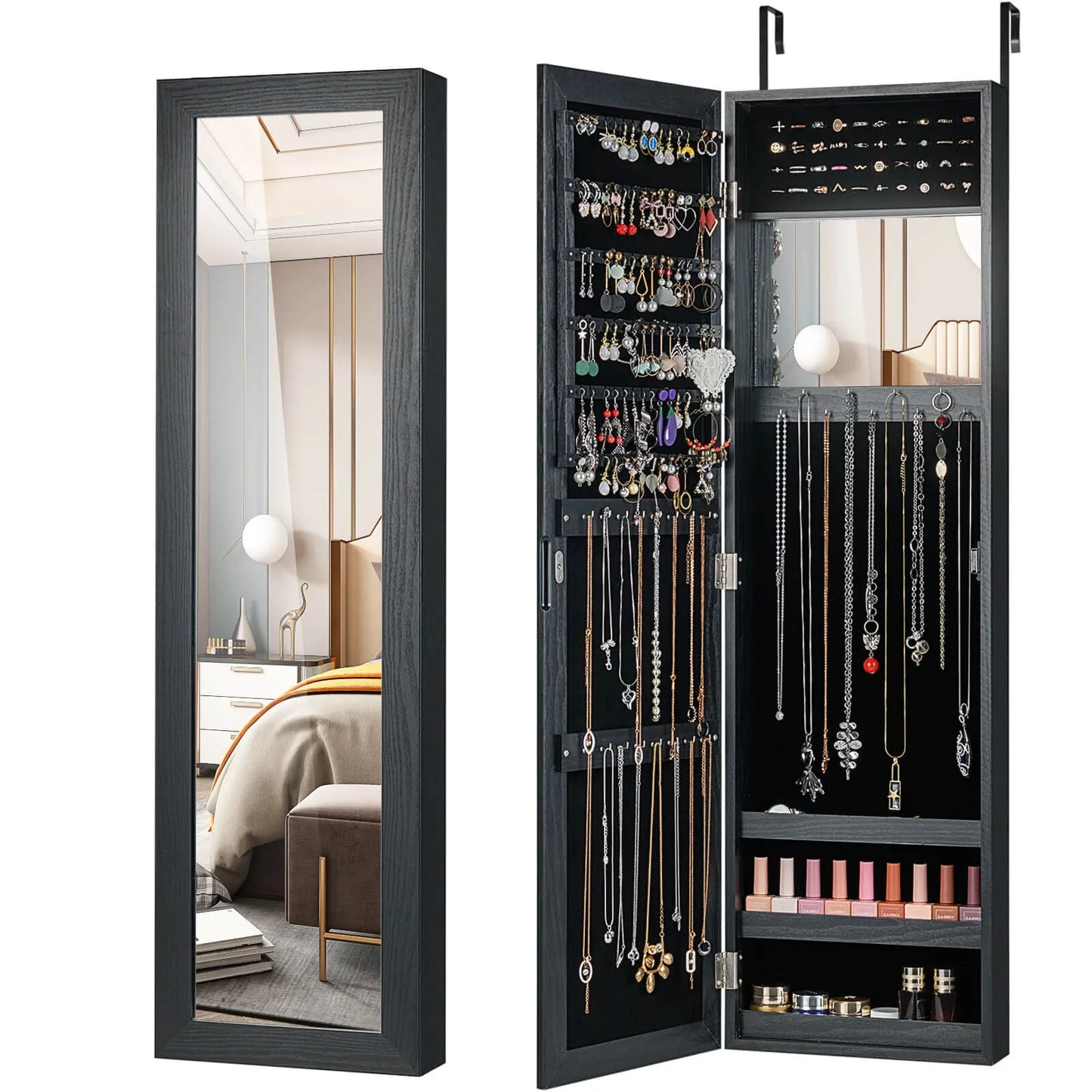 Modern Hanging Jewelry Cabinet with Mirror – Sleek Black Organizer for Bedroom