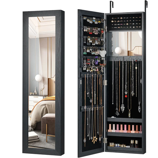 Modern Hanging Jewelry Cabinet with Mirror – Sleek Black Organizer for Bedroom