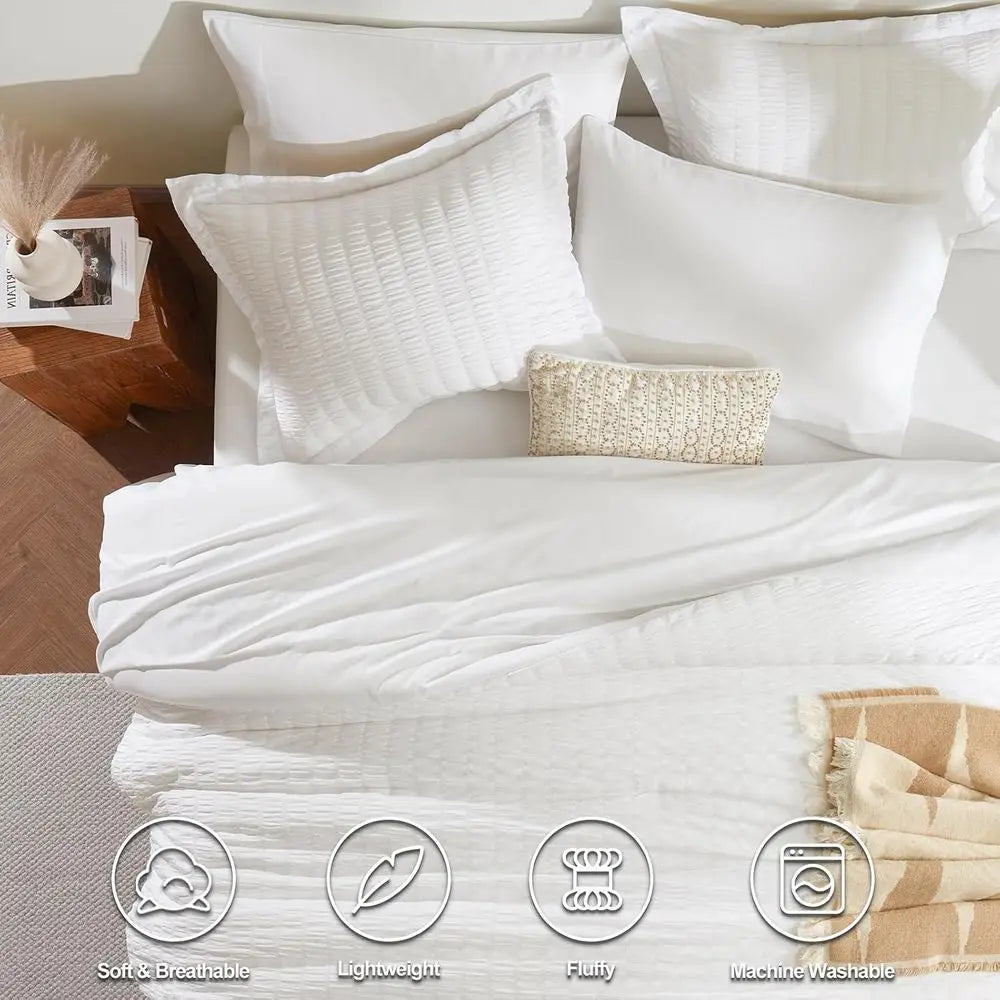 Luxury King Comforter Set – White Seersucker 7 Piece Bedding Collection, 120x98 King Bed in a Bag Set.