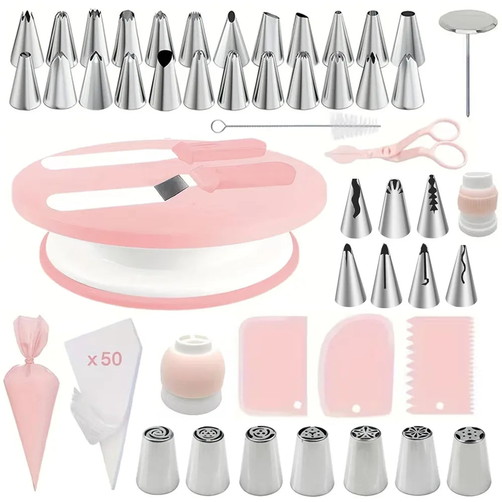 All-in-One 100-Piece Cake Decorating Set – Includes Turntable, Tips, Spatulas & Bags, pink or green.