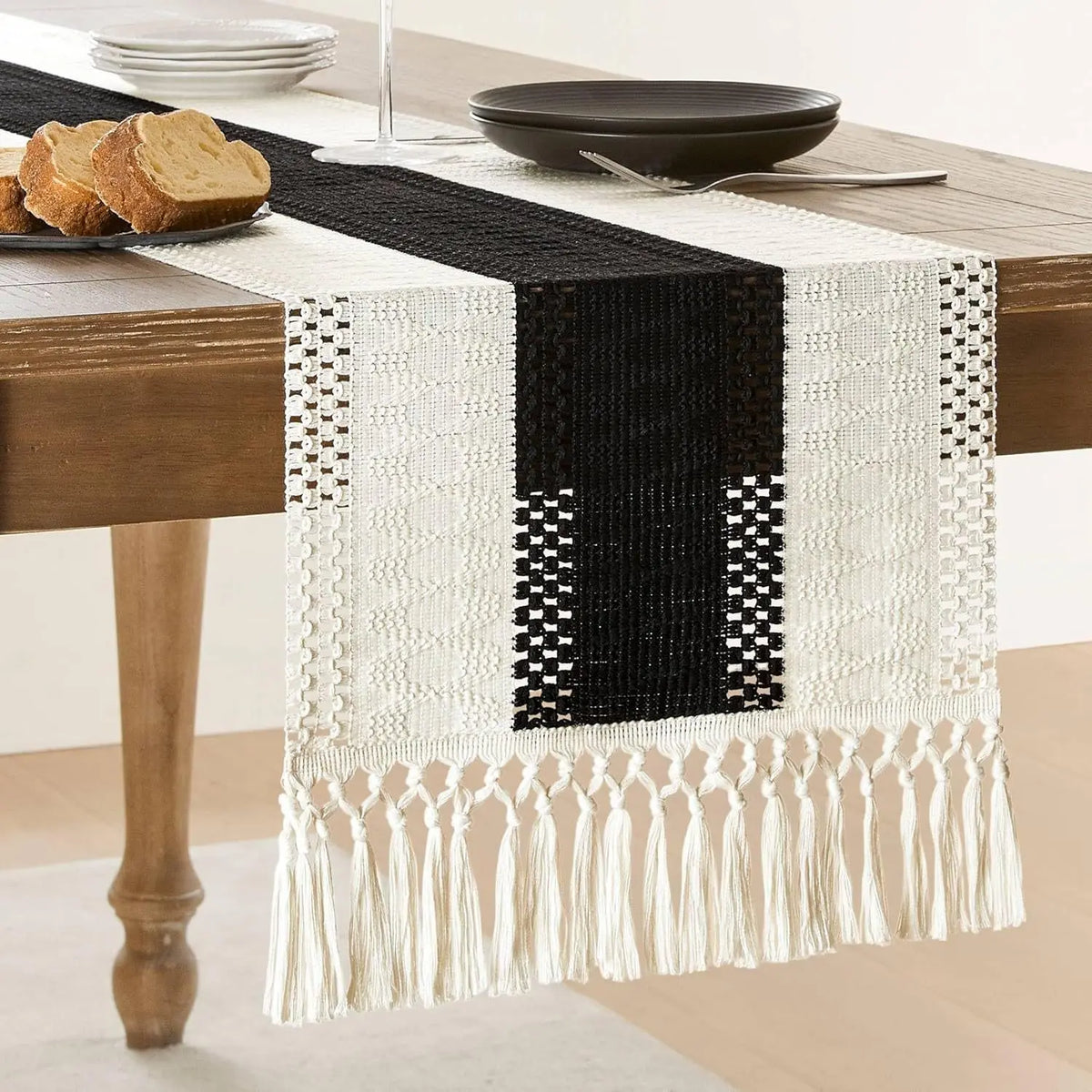 Cream & Brown Boho Table Runner with Tassels – Farmhouse Table Decor Accent