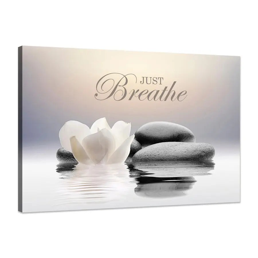 “Just Breathe” Yoga Wall Art with White Lotus Spa Design.